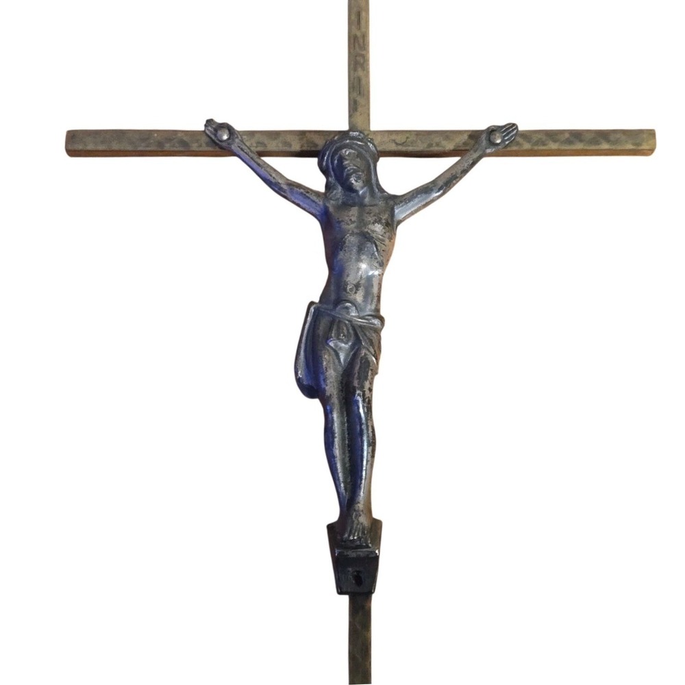 Vintage West Germany Jesus Crucifix Cross Mid Century Metal INRI Wall Decor